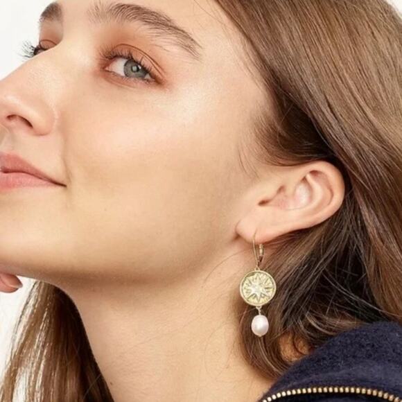 NEW J. Crew Soleil Gold Coin Sun Emblem Pearl Drop Earrings - Picture 2 of 12